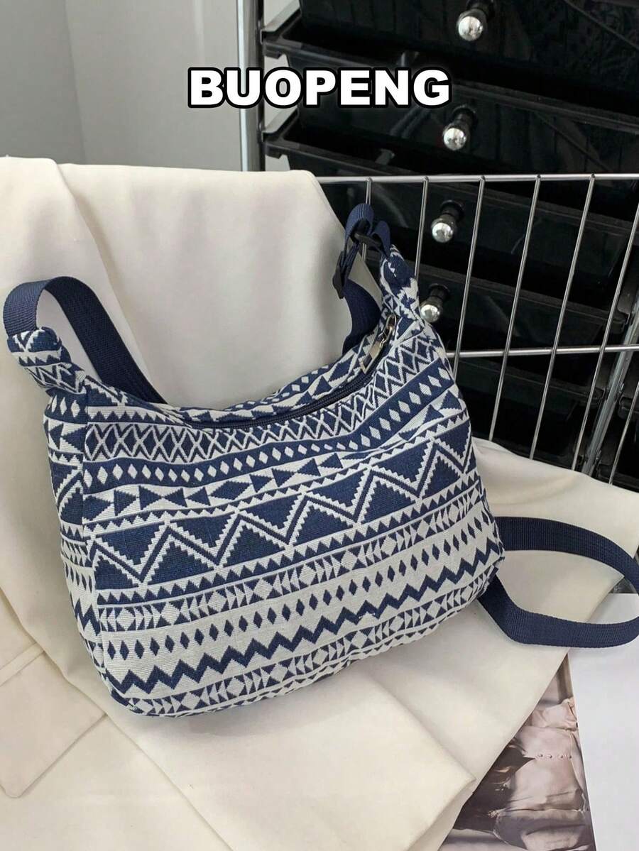 Casual Retro Color Block Jacquard Tote Bag, Large Capacity Shoulder Bag - Multicolor - View 1