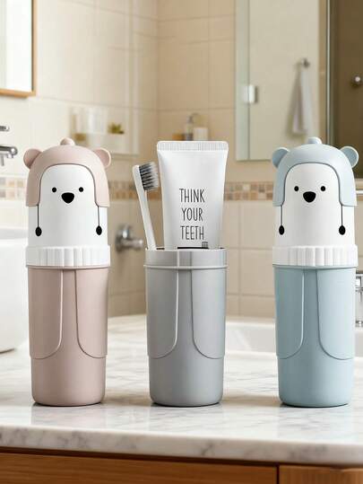 1个卡通熊条纹牙刷架，塑料材质，适合日常使用和旅行，牙刷收纳盒，便携式旅行牙刷杯，适用于旅行、露营、居家、学校和商务场合，男女通用，浴室装饰，秋季装饰，返校必备，便携式牙刷架，牙膏架，旅行收纳盒，个人护理收纳杯，全新创意设计多功能旅行收纳盒