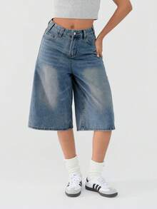 Valentine's Day Women Jean Jorts Baggy Loose Fit Jean Shorts 2026 Summer Wide Leg Long Denim Shorts Y2K Clothes - 藍色 - 查看 2