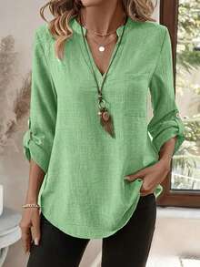 Plus Size Women Casual Solid Color Notched Neck Pocket Shirt Spring - Green - View 4