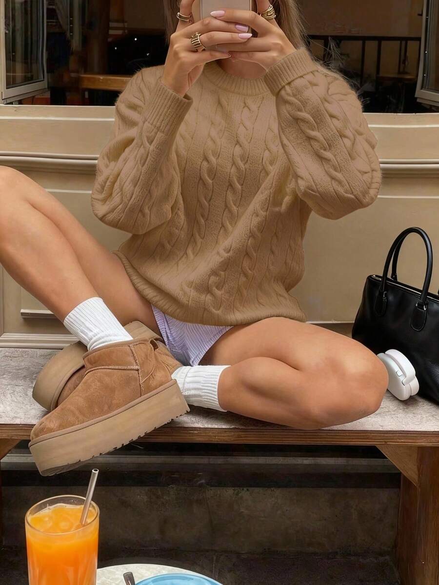 FOR BEAUTY 女士纯色简约圆领扭结长袖针织毛衣，时尚落肩套头衫 - 暖棕色 - 查看 1