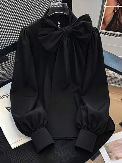Women's Long Sleeve Blouse With Detachable Oversized Bow, French Puff Sleeves, Mandarin Collar, Office/Casual Wear, Suitable For Work, Daily, New Year And Various Occasions Black Spring