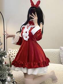 性感内衣圣诞连衣裙新年红色甜美洛丽塔套装可爱纯风锚表演服装包括：发带、颈环、连衣裙和双手袖套。 - 紅色 - 查看 6
