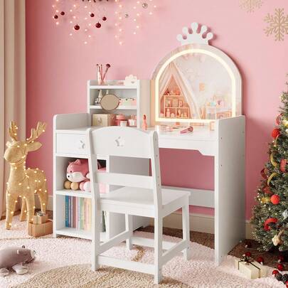 2 In 1 Princess Vanity Set Toddler Vanity Table & Chair Set With Open Bookshelf, Storage Cabinet & Shelves For Little Girls