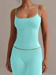 XLLAIS Sexy Backless Women Camisole, Elastic Casual Spaghetti Strap Tank Top - Mint Blue - View 5