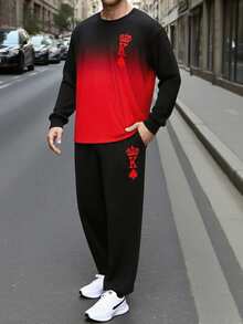 2pcs Men's Plus Size Sleepwear Set, Crown & Playing Card Heart Graphic Casual Loungewear, Pocket Crew Neck Long Sleeve Top And Long Pants, Suitable For Spring, Autumn And Winter - Multicolor - View 1