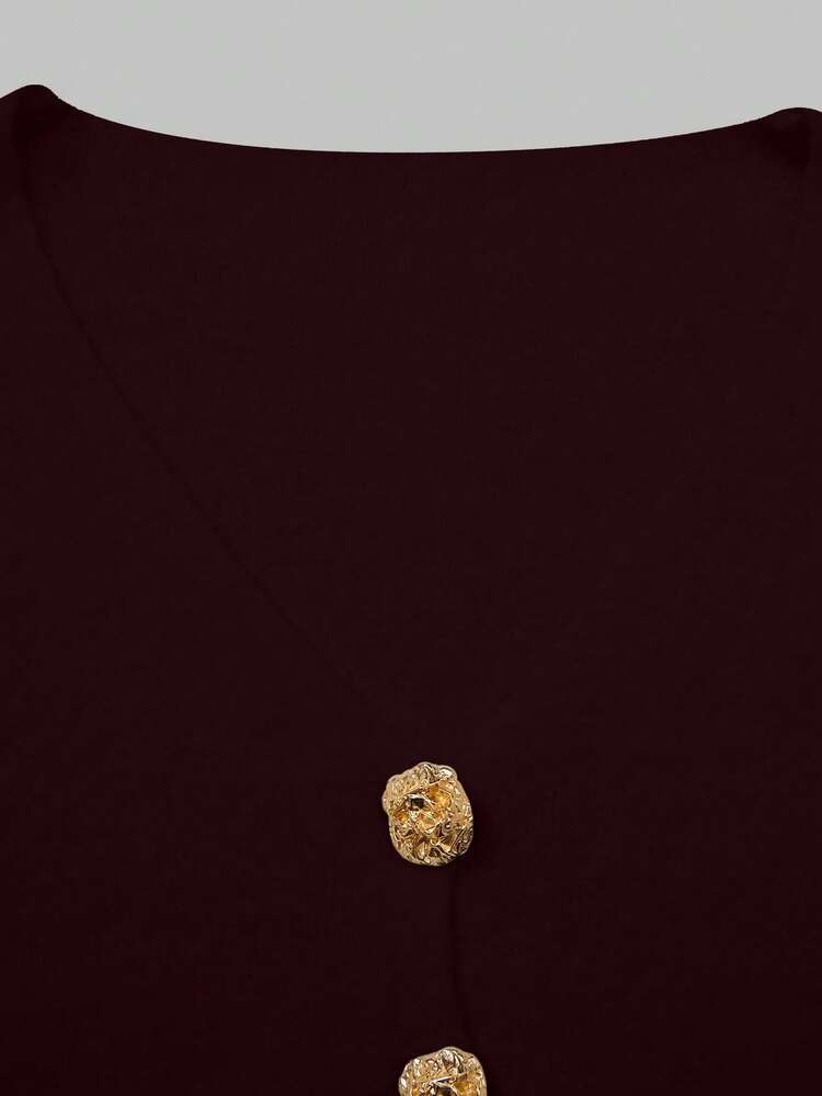 Women's Casual Slim Fit Solid Color V-Neck Drop Shoulder Metal Button Hem Slit Long Sleeve Knit Cardigan Loose Outerwear, Spring/Summer/Autumn - Burgundy - View 11