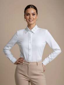 Women's Dress Shirt With Rhinestone Collar | Long-Sleeved Blouse In Plain Fabric With Rhinestone-Decorated Collar - 白色 - 查看 9