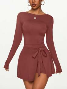 女式夏季无缝防闪烁紧身运动裙，性感开衩系带U型后背网球裙 - 棕色 - 查看 9