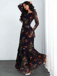 女式哥特式优雅复古性感现代华丽花瓣长袖网眼浪漫荷叶边多层蛋糕下摆彩色印花连衣裙适合节日假期约会和日常 - 彩色 - 查看 5