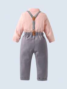 BOARNSEORL 2 件套年轻男孩绅士服装 - 领衬衫配领结和吊带裤，时尚有型，适合生日派对、婚礼、宴会 - 灰色 - 查看 4
