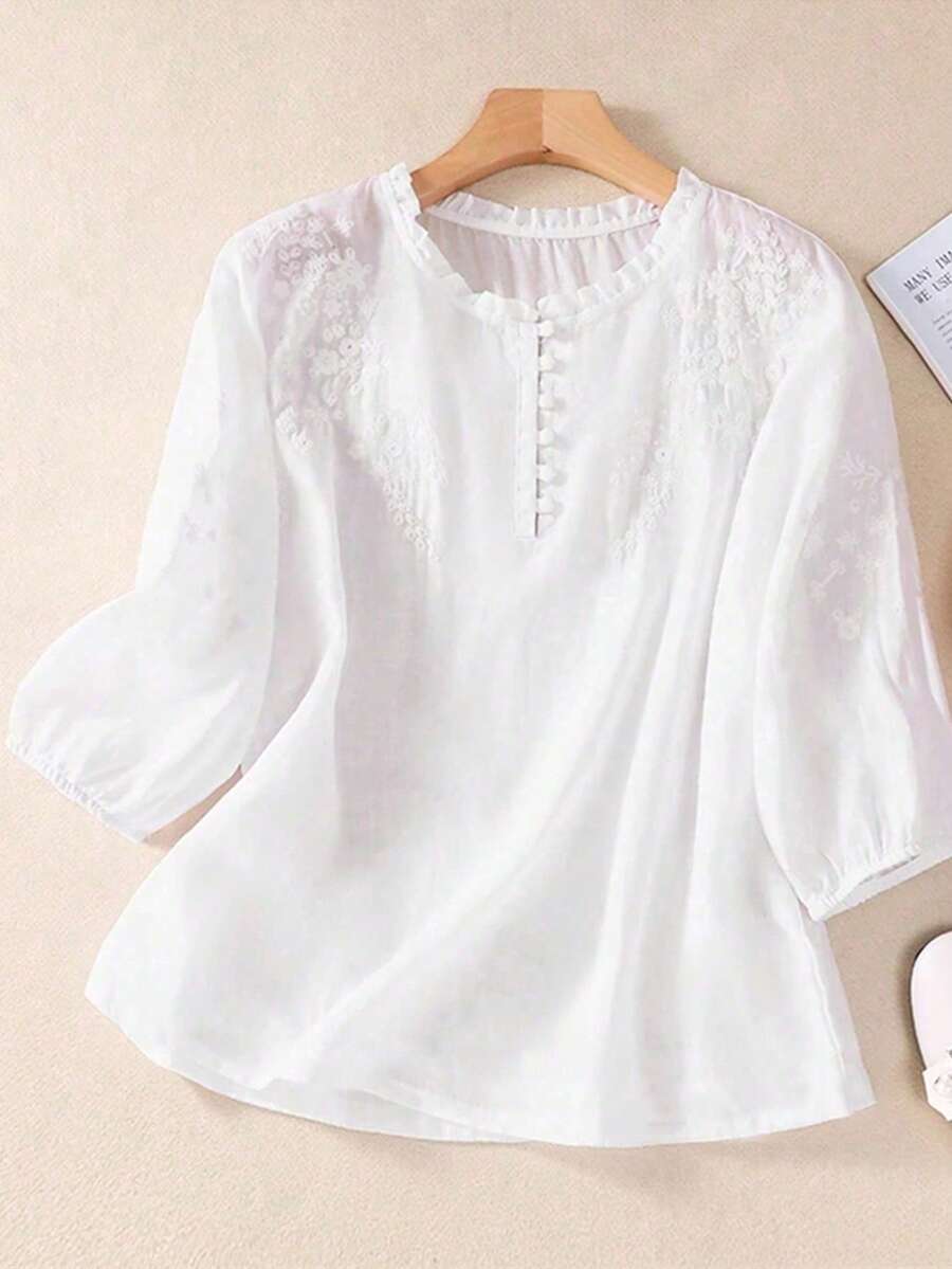 Women's Casual Shirt, Embroidered Loose Bohemian Retro Mid-Sleeve Blouse, Solid Color, Summer/Autumn - White - View 1