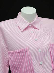 Happy Girl Striped Casual Fashion Blouse, Versatile For Spring/Autumn, Suitable For Vacation, Office, Daily Wear, Travel, Airport, Women Long Sleeve Cropped Shirt - Pink - View 3