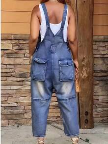 Street Style Women's Denim Overalls, Solid Color Denim Cropped Pants, Mid Waist Non Elastic, Casual And Versatile, Youthful Looking, Suitable For All Seasons, Paired With Multiple Button Decorations, Retro Casual, Suitable For Back To School Season, Commuting, Going Out, Vacation, Lazy Style, Retro Parties, Gatherings, Banquets - Dark Wash - View 5