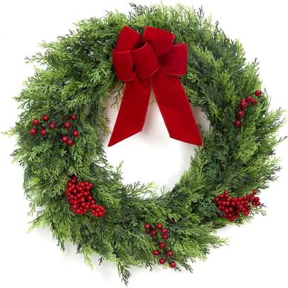 24 Inch Artificial Christmas Wreath, Large Green Cypress Wreath With Bow, Berry Clusters, Indoor Outdoor Xmas Wreath Decoration For Front Door, Window, Fireplace