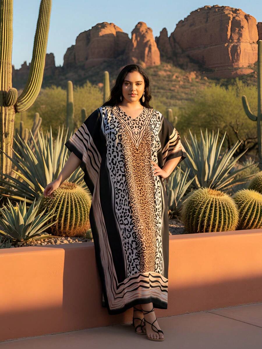 Gypsie Blu Animal Kaftan Dress Plus Size Beach Cover Up Vacation Elegant Caftan For Ladies - 米色 & 黑色 - 查看 1