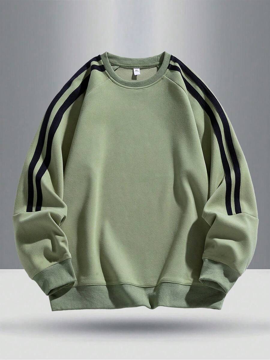 Fashionable High Street Contrast Color Stripe Decor Ribbed Cuff & Hem Outdoor Casual Pullover Sweatshirt For Teenagers, Spring/Autumn - Green - View 1