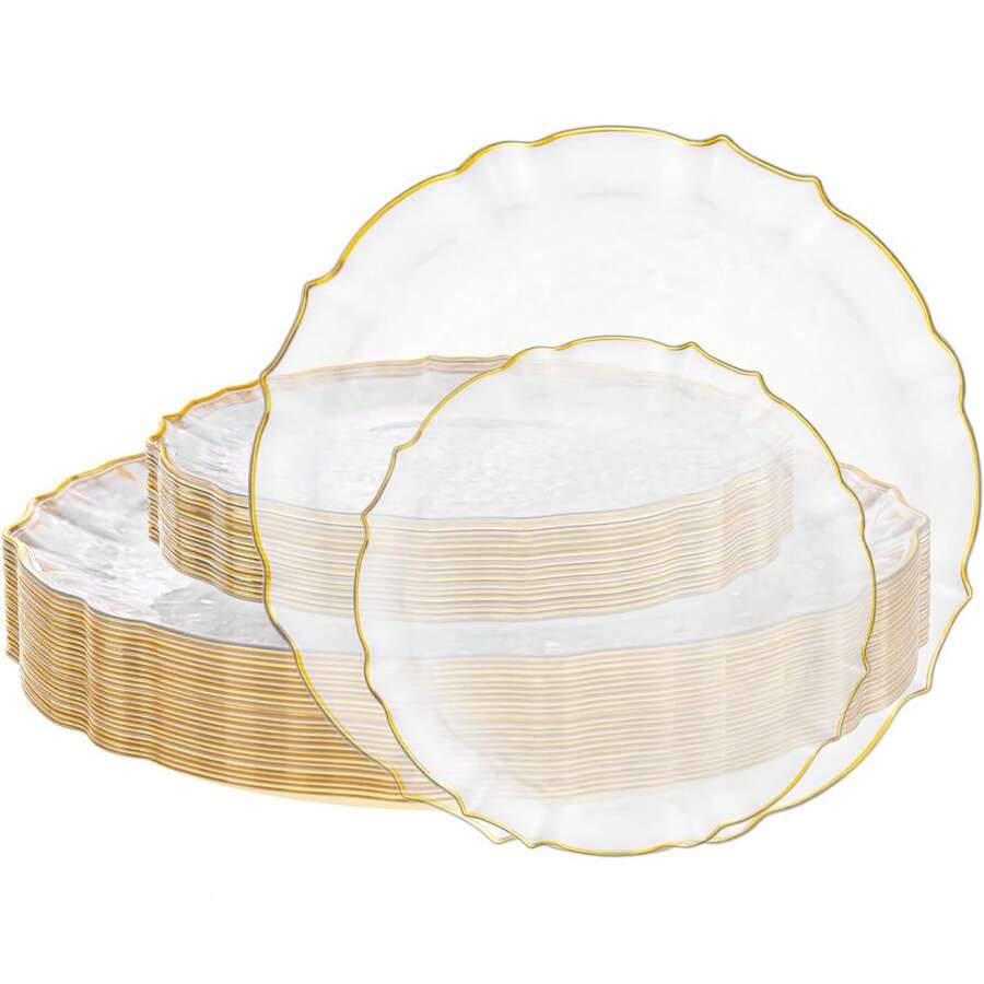 40pcs Gold Rim Fruit Salad Plates, Reusable And Washable Dinnerware, Suitable For Family Gatherings, Parties, Outdoor Activities, Team Building, Kitchen, Christmas - Gold - View 1