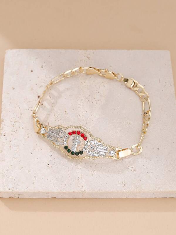 1 pieza Pulsera unisex de 14K chapada en oro con diseño religioso de San Benito, diseño original con circonita incrustada, decoración central con relieve esmaltado de color, joya de tono dorado duradero, regalo adecuado para cumpleaños, aniversarios y ocasiones especiales, apariencia lujosa