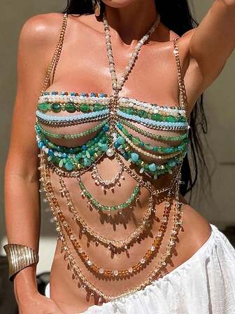 彩色串珠罩衫，性感时尚设计，适合音乐节和电子音乐节，波西米亚风格女式背心