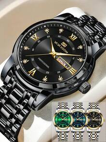 VA VA VOOM 1Pc Men Quartz Watch 41mm Classic Luxury Diamond Calendar Clock Green & Blue & Gold & Silver & Black Stainless Steel Original Week Quartz Movement 3Bar Business Style Gorgeous Couple Watch For Men - Black - View 2