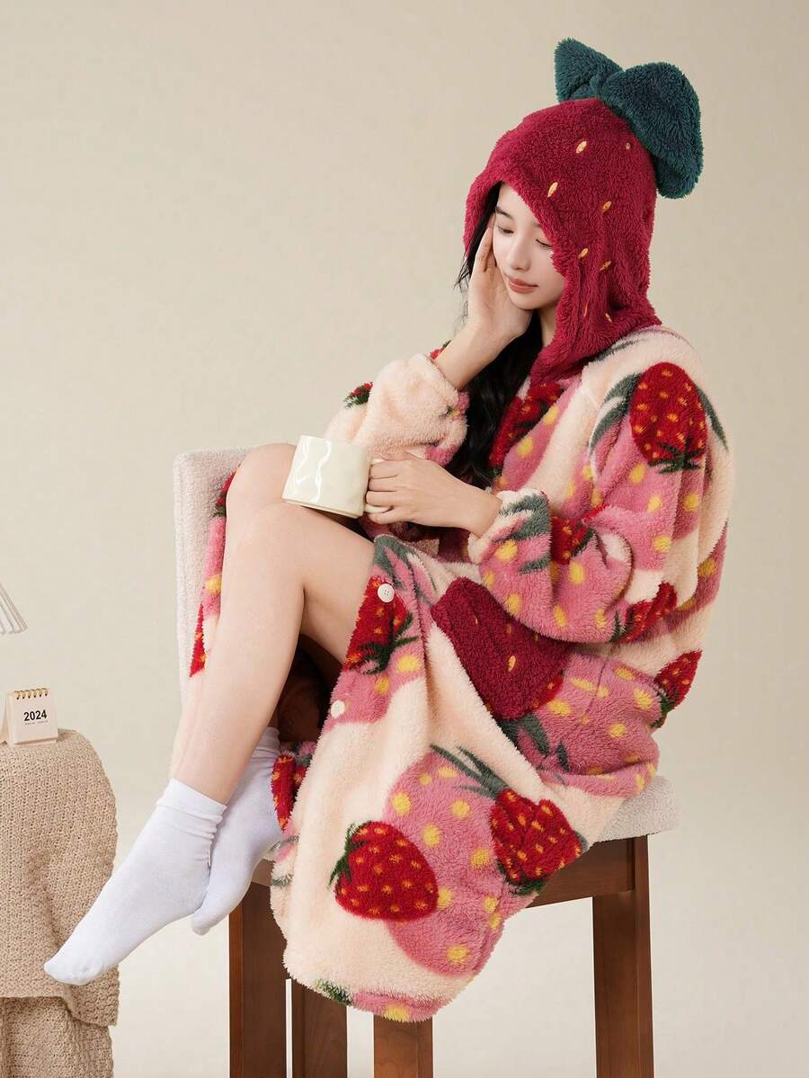 草莓印花连帽休闲睡袍，圣诞礼物，长袖保暖加厚抓绒纽扣休闲家居服，带口袋，1件装，女士家居睡衣，秋冬季，适合秋冬季节，蓬松舒适 - 彩色 - 查看 1