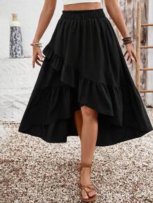 Váy Maxi Cao Thấp Xếp Ly Boho Cạp Cao, Viền Ruffle, Eo Đàn Hồi, Dáng Chữ A, Kỳ Nghỉ Hè, Bãi Biển - màu đen - Xem 5