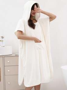 1pc Women's Sleeveless Bathrobes, Absorbent Wearable Poncho, Quick Dry Changing Robe, Hooded Towel Poncho, Outdoor Beach Surfing Swimming Changing Robe - White - View 9