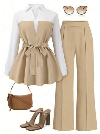 女士新款时尚拼色优雅拉链腰部办公室套装