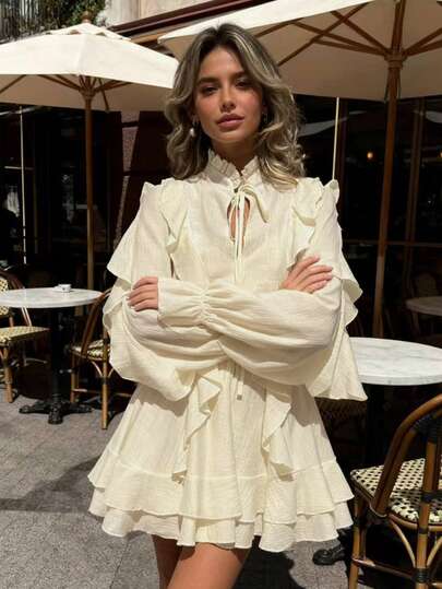 女士法式优雅休闲V领中长连衣裙，纯色蝴蝶结荷叶边下摆，长袖修身A字裙摆，约会之夜连衣裙，时尚缎带性感泡泡袖宽松套装，春夏秋季皆宜