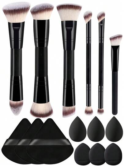 YISE 5件/6件/15件化妆刷套装包含6支双头刷和9个化妆海绵，双头设计（例如粉底/修容刷、眼影/细节刷）相当于一支刷子两种功能，柔软刷毛亲肤，均匀抓粉不飞粉。大号刷子适合粉底和腮红，小号刷子精准用于眼妆和鼻部修容，搭配化妆海绵，方便快速上妆和定妆。小巧便携，新手友好，是日常和旅行全脸妆容的理想之选。