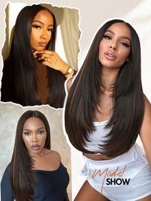 Long Layered Straight Yaki Wig Middle Part No Bangs Glueless Wig Pre Cut Put On And Go High Density Heat Resistant Fiber None Lace Wig For Women Daily Life Or Party Use 26inch Long(Highlight Brown) - Brown Highlight - View 7