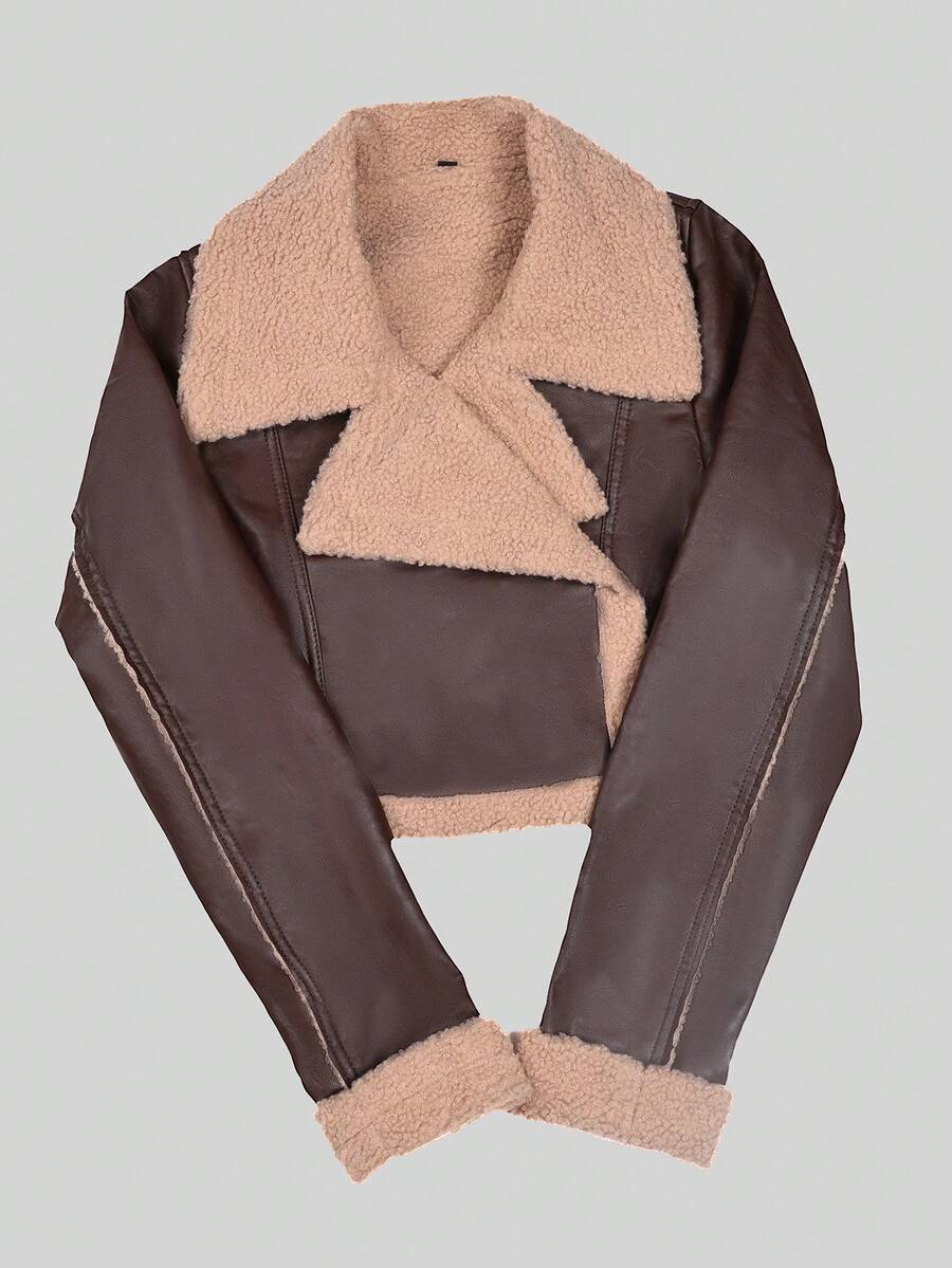 Apperloth A 街头风翻领拉链袖口泰迪绒内衬PU皮短款摩托车夹克