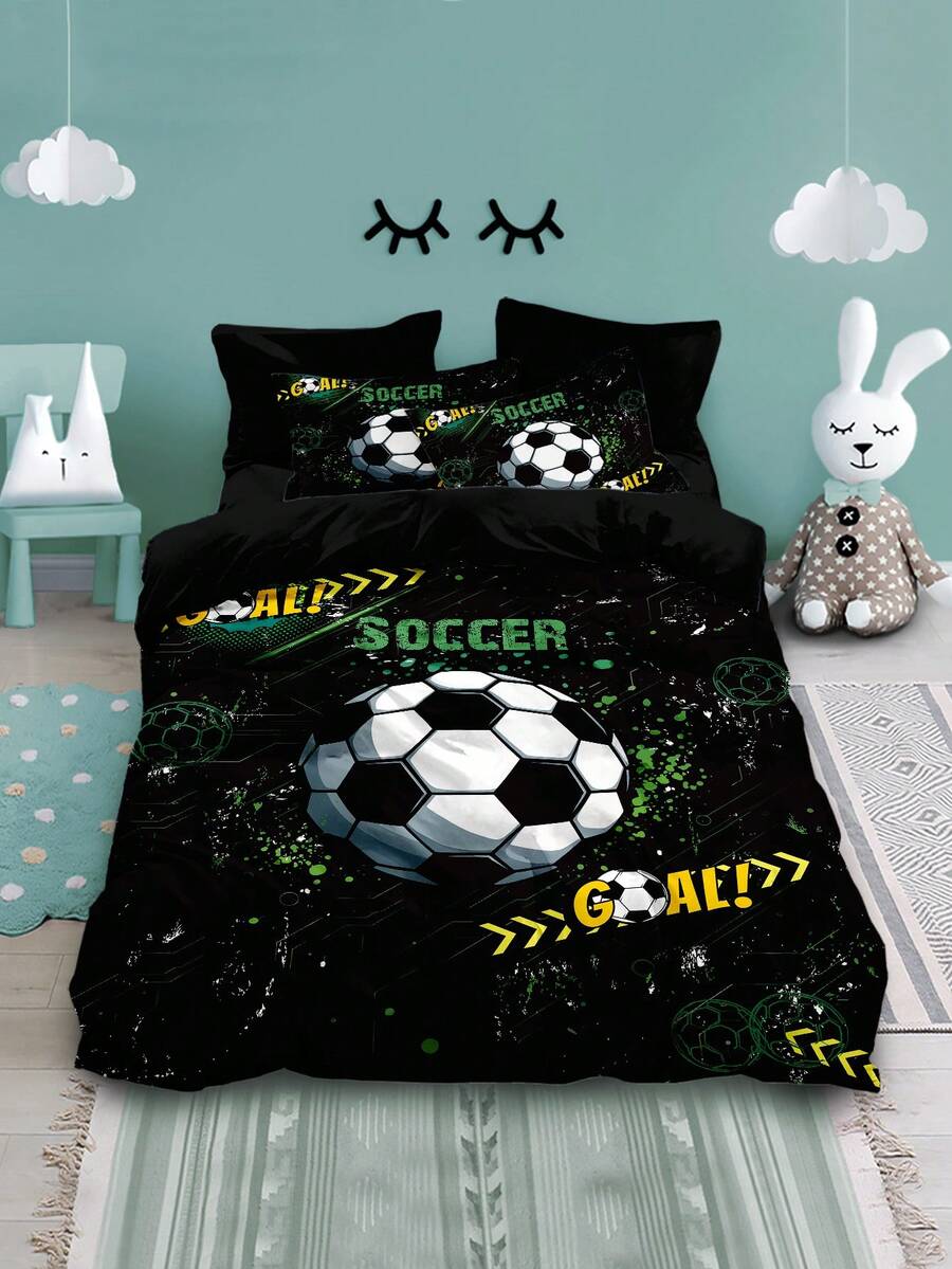 3pcs Premium Custom Stereoscopic Football Bedding Set, Chic Sports Style Black & White Football Duvet Cover And Pillowcase Set, Soft & Smooth Zipper Design, Suitable For Guest Room, Bedroom, Single/Double Bed, Student, Adult, Dormitory (Includes 1 Duvet Cover, 2 Pillowcases, No Comforter Or Pillow Inserts) - 5275+SJT+K - View 1