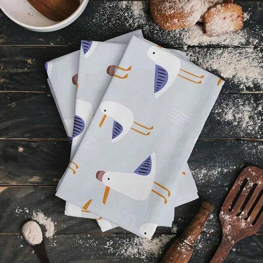 Set Of 2 Cartoon Seagull Kitchen Towels 40x60cm, Super Soft Absorbent Machine Washable Dish Cloths, Multi-Use For Cooking Cleaning Kitchen Bathroom Decor - Blue and White - View 1