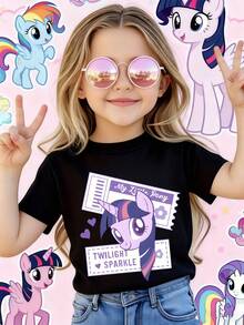 [ma baoli] camiseta de verano para niñas - estampado de dibujos animados de pony púrpura - Lindo estilo suéter estampado de cuello redondo para niños, con tejidos blandos de poliéster, adecuado para niñas de verano, envíos de tiendas locales, ropa de verano para niñas de estilo dibujos animados, adecuado para uso diario, fiestas de cumpleaños, atracciones turísticas al aire libre. - Negro - Ver 1