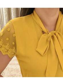 Blouse/Shirt Short Sleeve Lace Dress Evangelical Fashion Romantic Bow Tie Elegant Work Party Conference Tie - 芥末黃 - 查看 2