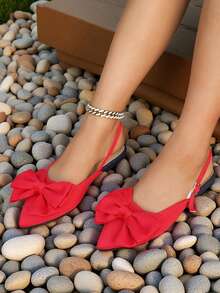 女士尖头平底鞋，优雅平底鞋，后跟带扣设计，蝴蝶结装饰，大码可选，舒适防滑，适合室内外场合穿着。 - 紅色 - 查看 2