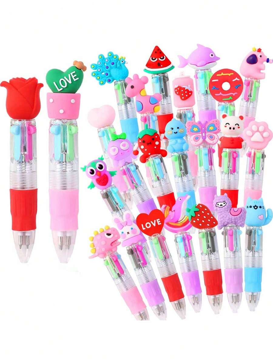 5pcs-Valentines Mini Cartoon Ballpoint Pen Set - Fun Ballpoint Pen 4 Colors In One Multicolor Retractable Pens, , 0.7mm Cute Animal Multicolor Pens Retractable, Silicone Grip, Perfect For Holiday Birthdays, Valentines Stationery Party Favors, School Supplies, Students Rewards, Office Writing Supplies, Classroom Prizes, Party Gifts - Multicolor - View 1