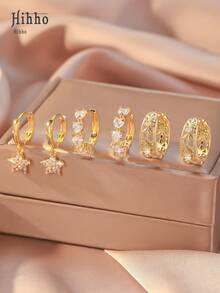 Hihho Set de 6 piezas de aretes con diseño hueco tallado y con incrustaciones de circonita en estilo vintage y colorido, un conjunto de aretes con flores en forma de corazón, un regalo de moda para mujeres para uso diario, viajes y fiestas - Amarillo Oro - Ver 2