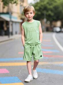 2pcs Boys' Summer Sleeveless Top And Shorts Set, Fashion Knit Fabric Soft And Comfortable, Letter Embossed Design, Versatile Casual Shorts, Suitable For Outdoor Play And Keeping Cool - Mint Green - View 2