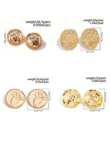 1 对不对称金属圆形耳环，简约复古优雅金银耳钉，迷人珠宝，适合女性日常佩戴 - 金黃色 - 查看 12