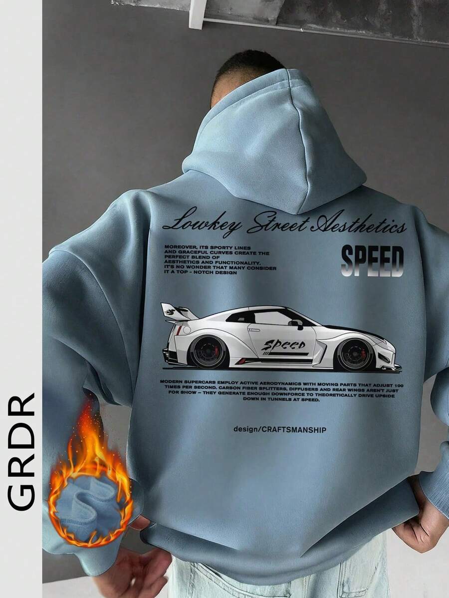 GRDR Men's Hoodie With Car Element Print, Kangaroo Pocket, Autumn/Winter New Street Fashion - Baby Blue - View 1