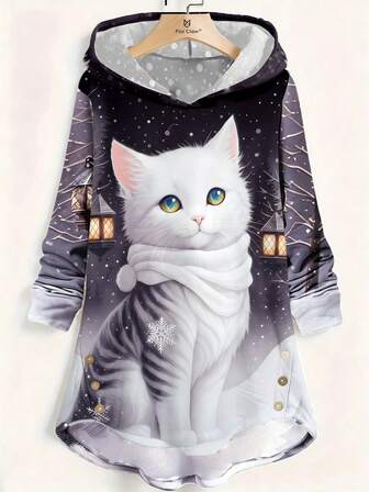 加大码女式连帽猫咪印花可爱休闲长款卫衣