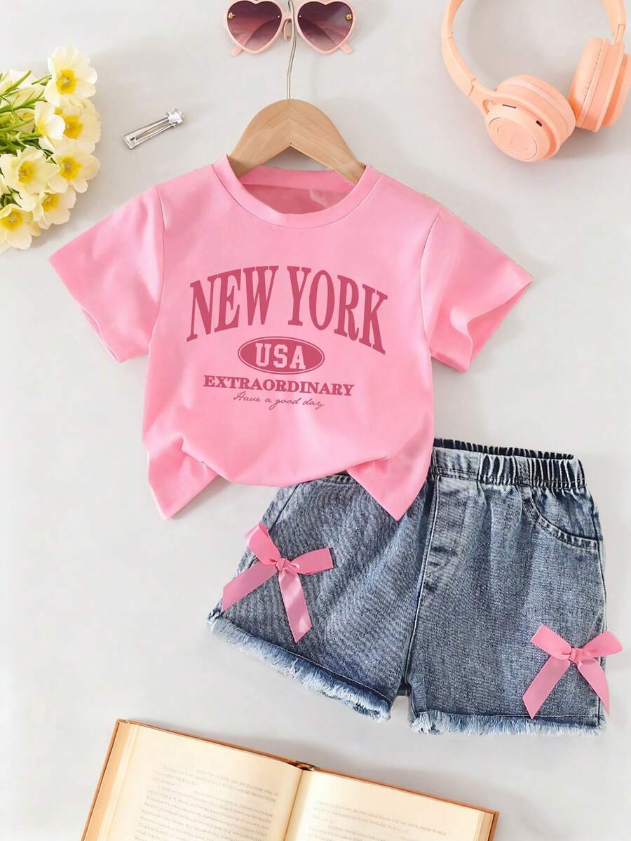 Toddler Girls' Letter Print Short Sleeve Top And Denim Shorts Set - Pink - View 1