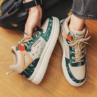 Men's Sneakers 2025 New Casual Sports Shoes, Flat Bottom, Outdoor, Fashion, Non-Slip, Wear-Resistant, Comfortable Lace-Up Shoes, Lightweight, Comfortable, Versatile Casual Sports Shoes (Run Small By One Size) Men's Niche Patchwork Contrast Color Lace-Up Flat Casual Sports Shoes, Versatile Random Printed Pattern, Comfortable Street Style Couple Flat Shoes (Random Logo Letters)