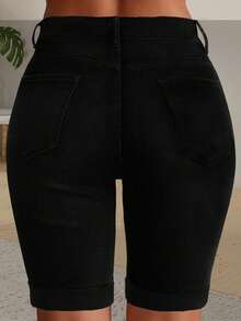 女式水洗紧身弹力牛仔骑行裤，带口袋 - 黑色 - 查看 2