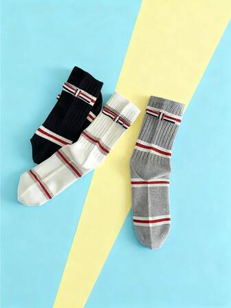 3 pares de calcetines a rayas con diseño especial de lazo, en negro, blanco y gris con acentos rojos y azules, perfectos como regalo de cumpleaños, lavables a mano, calcetines a rayas de moda casual (1 par de calcetines con colores aleatorios)