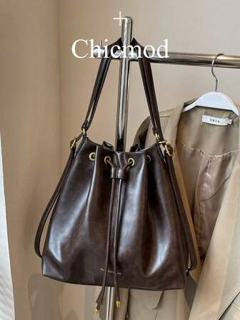 女士小众通勤背包，新款时尚大容量旅行包，PU 软皮单肩斜挎抽绳水桶包，适合购物、钱包、年轻女性、大学生、办公室女士