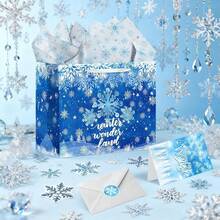 ROARING GOOD TIME RGT Large Frozen Gift Bag Snowflake Winter Birthday Favors Bags With Greeting Card Tissue Paper Frozen Snowflake Wrapping Paper Bags For Kids Birthday Gender Reveal Party Supplies - Multicolor - View 6
